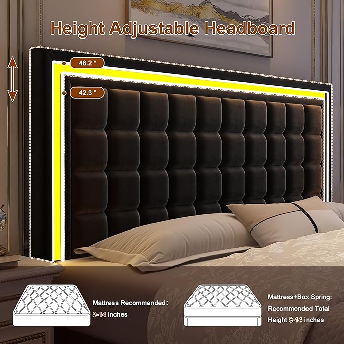 King Bed Frame with LED Lights & Storage Drawers, No Box Spring Needed, Heavy Duty 900lbs Weight Capacity, Easy Assembly, Modern Upholstered Platform Bed, Velvet Black