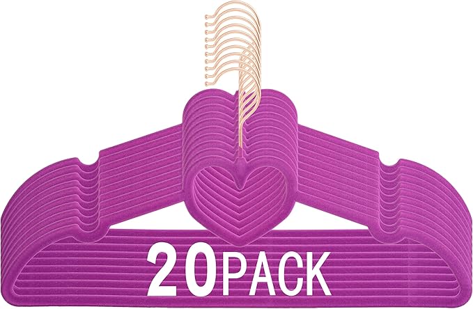 Velvet Hangers 20 Pack, 16" Non Slip Heart Hanger, 360° Swivel Rose Gold Hooks, Durable & Cute Hangers for Adult (Dark Purple)