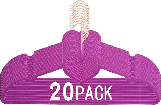 Velvet Hangers 20 Pack, 16" Non Slip Heart Hanger, 360° Swivel Rose Gold Hooks, Durable & Cute Hangers for Adult (Dark Purple)