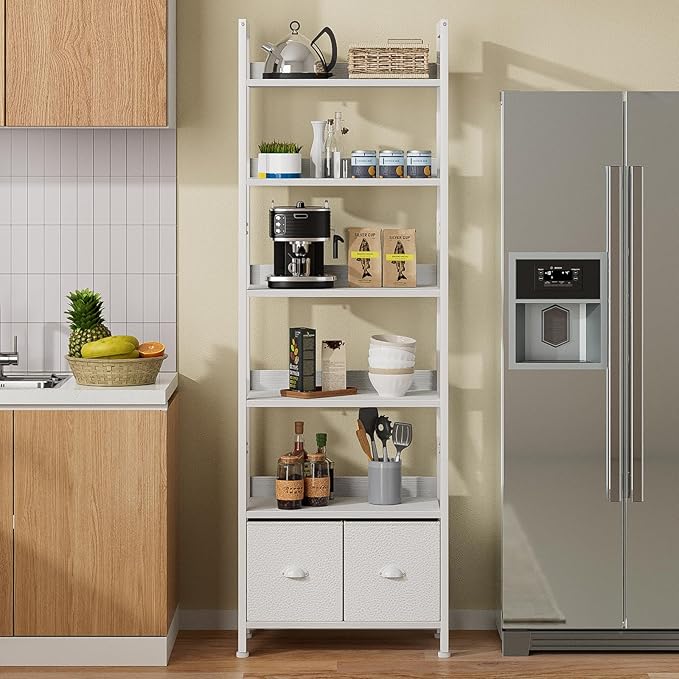 Furologee White 6 Tier Bookshelf with Drawers, Tall 71" Bookcase with Shelves, Modern Wood and Metal Bookshelves Storage Organizer, Display Free Standing Shelf Unit for Bedroom, Living Room, Office