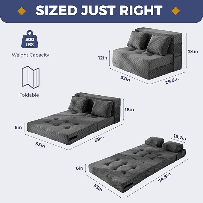 MAXYOYO Convertible Sofa Bed, Fold Out Sleeper Sofa with Pillow, 4 in 1 Tufted Folding Couch Bed Foam Floor Couch, Lazy Chair for Living Room Bedroom Guest Room, Dark Grey