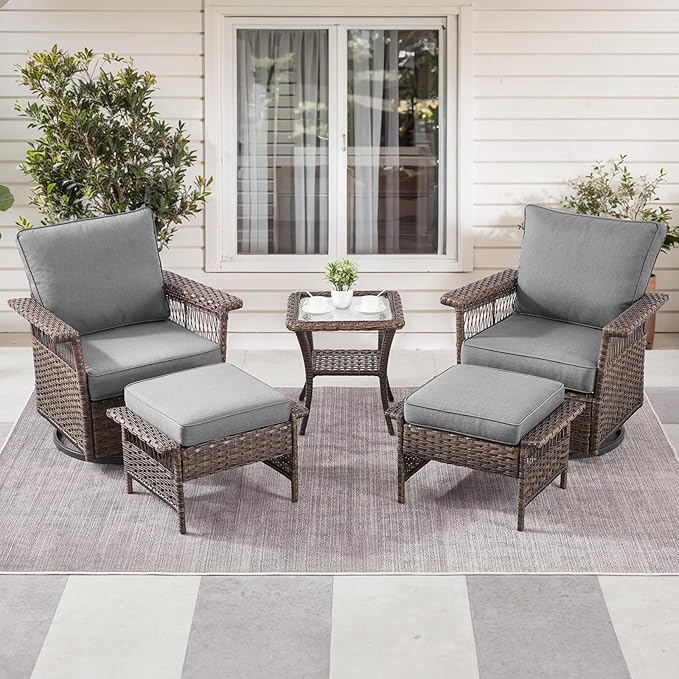 5 Pieces Wicker Patio Furniture Set - Hollow Widen Armrests Outdoor Swivel Glider Chairs with Side Table & Ottomans, Small Patio Conversation Set for Balcony Porch Deck and Yard - Brown/Gray
