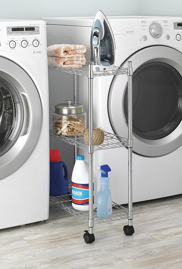 Whitmor 3 Tier Shelving Unit with Wheels, Adjustable Heavy Duty Metal Storage Shelves, 400 lbs Capacity per Shelf, 1200 lbs Total for Home, Garage, Workshop, 23" L x 9" W x 32" H, Chrome