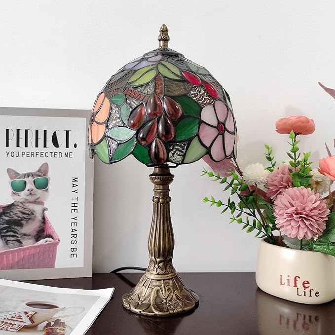 Tiffany Table Lamp 3-Way Tiffany Style Desk Lamp Small Stained Glass Lamp Antique Light Home Bedroom Bedside Lamp Retro Reading Decoration Lamps (Grapes Flowers Style)
