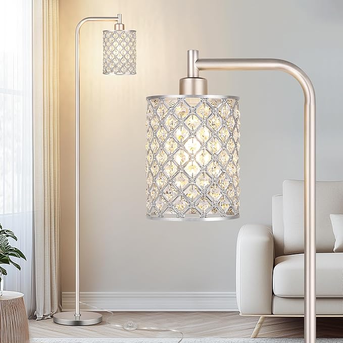 QiMH Industrial Floor Lamp for Living Room, Modern Standing Lamp with Crystal Lampshade Pedal Switch, 67” Tall Lamp for Bedroom Study Room, Silver (2700K LED Bulb Included)