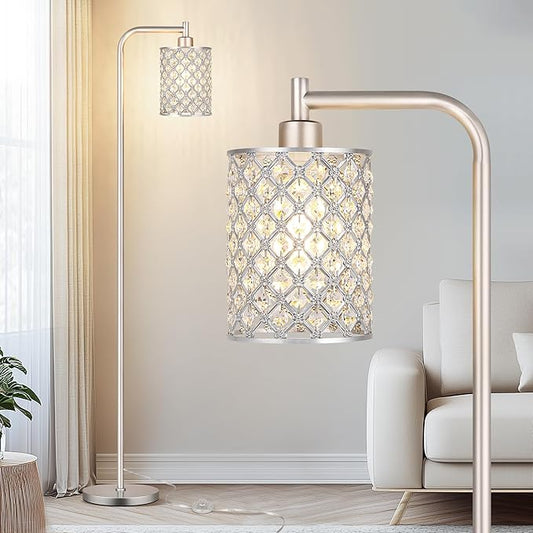 QiMH Industrial Floor Lamp for Living Room, Modern Standing Lamp with Crystal Lampshade Pedal Switch, 67” Tall Lamp for Bedroom Study Room, Silver (2700K LED Bulb Included)