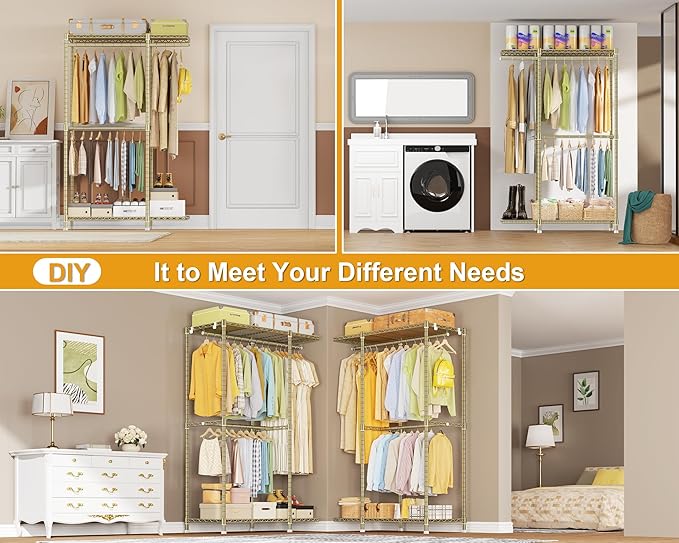 E14 Heavy Duty Clothes Rack，Freestanding Clothing Racks for Hanging Clothes，Adjustable Closet Organizers and Storage，Metal Garment Rack with Shelves 69" W x16 D x77 H，Max Load 960LBS，Gold