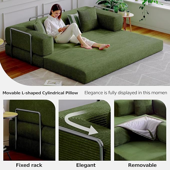 59''Convertible Sleeper Sofa Bed,Compressed Floor Boneless Couch,Modular Modern Corduroy Sofa for Living Room Bedroom -with Fixed-Shape Frame and Support Armrest,Easy Assembly(Green)