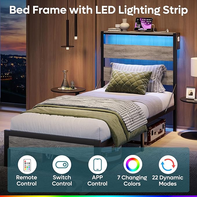 Bestier Twin Bed Frame with Storage Headboard and Charging Station, Grey Platform Bed Frame with LED Light, Non-Slip Metal Bed Frame, Noise-Free, Easy Assembly