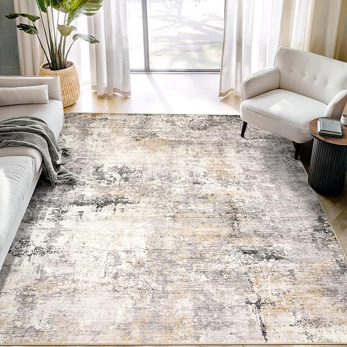 Area Rug Living Room Rugs - 6x9 Modern Abstract Soft Indoor Neutral Washable Rug Stain Resistant Non-Slip Low Pile Carpet for Bedroom Dining Room Home Office - Charcoal Grey