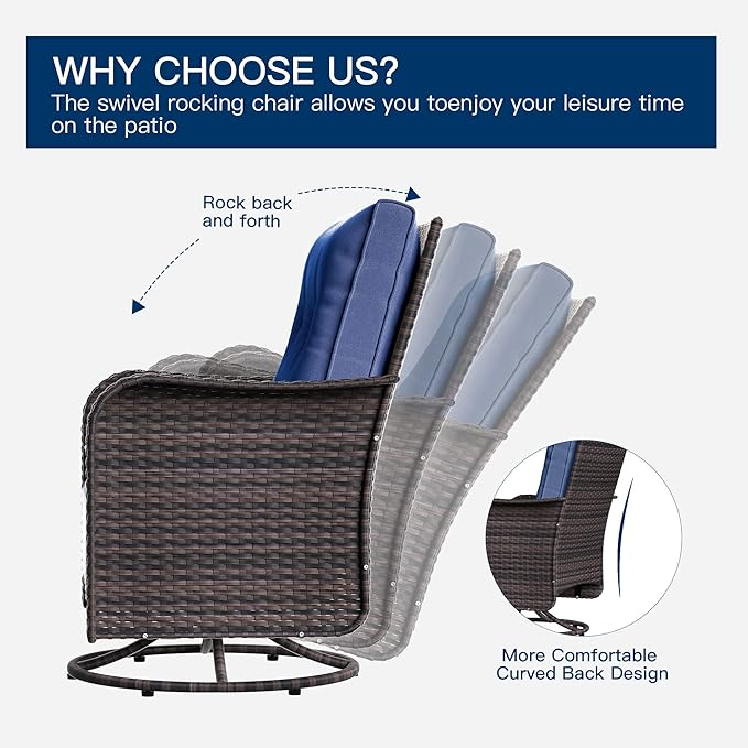 Kurapika 11 Pieces Patio Furniture Set, Rattan Wicker Outdoor Conversation Sets w/43in Propane Fire Pit Table, Swivel Rocking Chairs Patio Sectional Sofa w/4" Cushion, Navy Blue