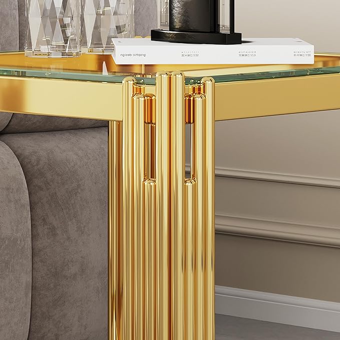 Goujxcy Modern Glass End Table - Gold Sofa Side Table With Clear Top and Mirror Finish Stainless Steel Legs, Luxury Square Coffee Bedside Table for Living Room Bedroom (Gold)