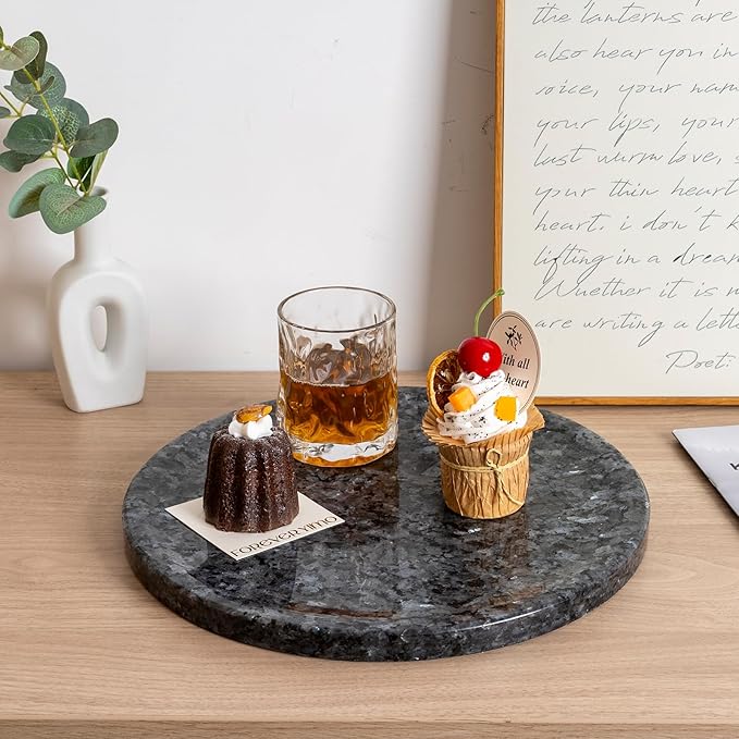 Natural Marble Tray, 11.8in Serving Tray for Fruit, Round Decorative Vanity Stone Plate for Jewelry&Key, Quality Storage Dish for Kitchen Coffee Table and Bathroom Desktop, Blue Pearl