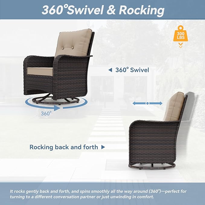 Kurapika 5 Pieces Patio Furniture Set, Rattan Wicker Outdoor Conversation Sets, 4 Woven Rattan Swivel Chairs w/48in Propane Fire Pit Table and Thickened Cushions, Sand