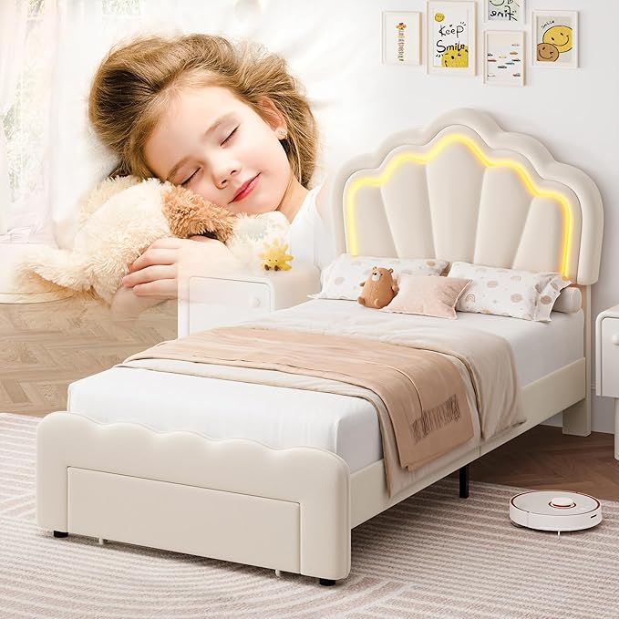 HOSTACK Twin Upholstered LED Bed Frame with Storage Drawer, Cute Girls Bed with Adjustable Lotus Headboard, Velvet Princess Platform Bed Frame, Wooden Slats Support, No Box Spring Needed, Cream