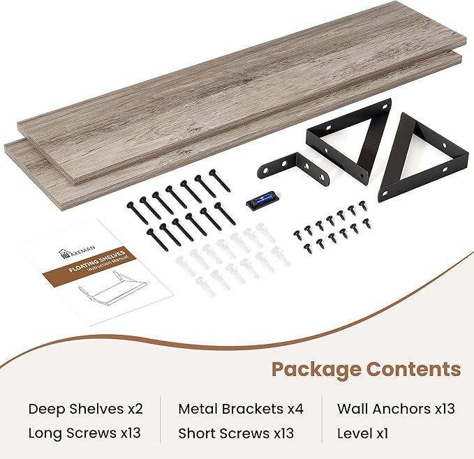 Axeman Floating Shelves for Wall 40 Inch | 39.4W x 8D Rustic Grey Wood Floating Shelves Set of 2 | 8" Deep Long Wall Shelves for Bathroom Kitchen Living Room | Bookshelf Display Shelves