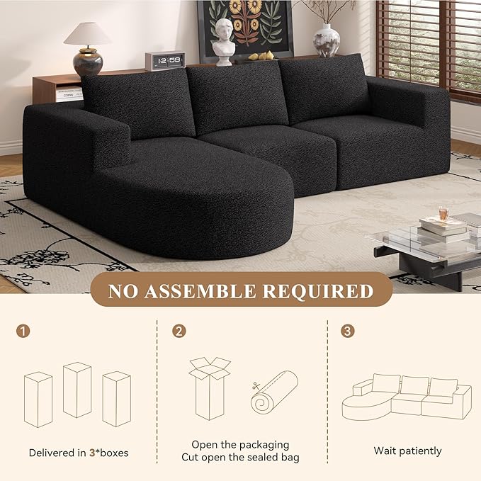 Modular Sectional Sofa with L-Shape Chaise,Cloud Sectional Modern Sleeper Couch with Deep Seat,Sponge Compression Sofas No Assembly Required (Black-Sherpa Fabric) 1PCS