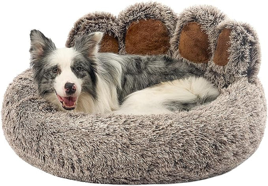 Jiupety Paw Shape Calming Pet Bed, Medium Plush Faux Fur Donut Bed for Dogs & Cats, Machine Washable, Non-Slip Bottom, Extra Large Size (32"×32"×10"), Gray