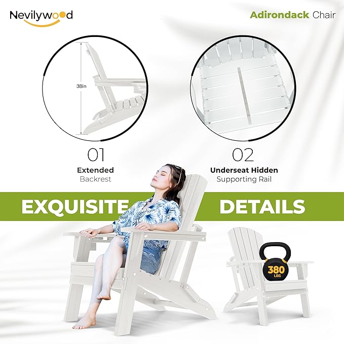 nevilywood Folding Adirondack Chair - Extended Ergonomic Backrest, Cup Holder - Easy Assembly - Durable HDPE Plastic, Weather Resistant & Maintenance-Free - Lawn, Patio, Deck Supports 380lbs White