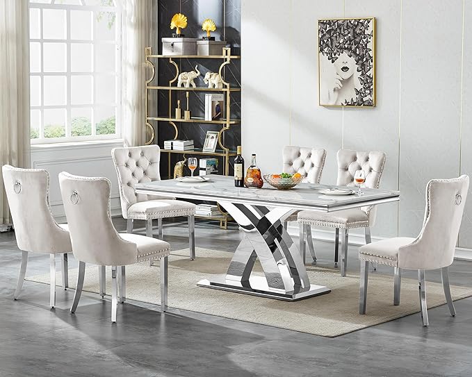 Goujxcy 68" Marble Dining Table Set for 6, Modern Rectangle Dining Room Table Set for 6, Luxury White Silver Marble Kitchen Table and Chairs Set of 6 for Living Room,Kitchen