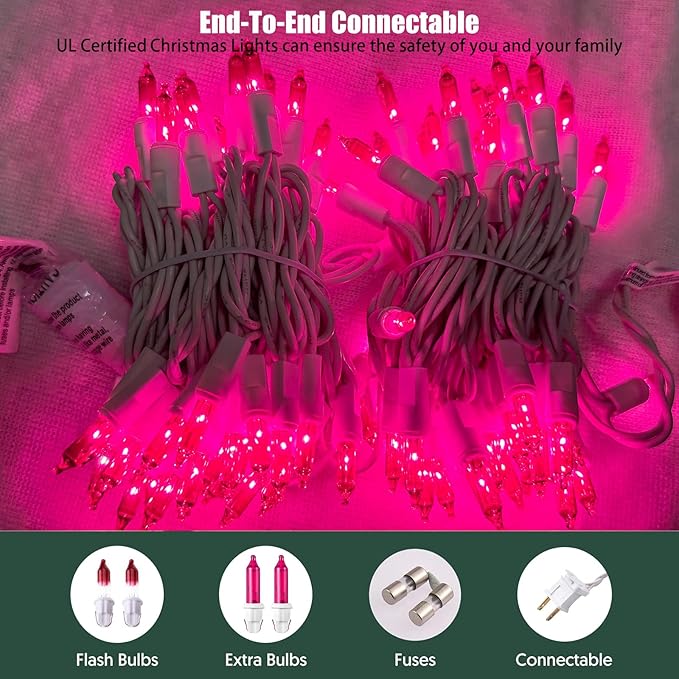 Christmas Lights 100 Count Pink Christmas Tree String Lights with White Wire for Outdoor Indoor Christmas Decorations Wedding Decorations Valentines Day Decor,UL Certified (21feet)