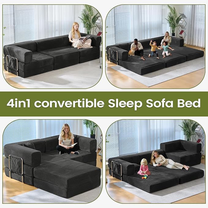 Folding Sofa Bed Convertable Corduroy Couch King Size Floor Sleeper 4-in-1 DIY Combination Modular Sofa Fold Out Futon Lounge Comfy Foldable Lazy cama for Living Room (Black)
