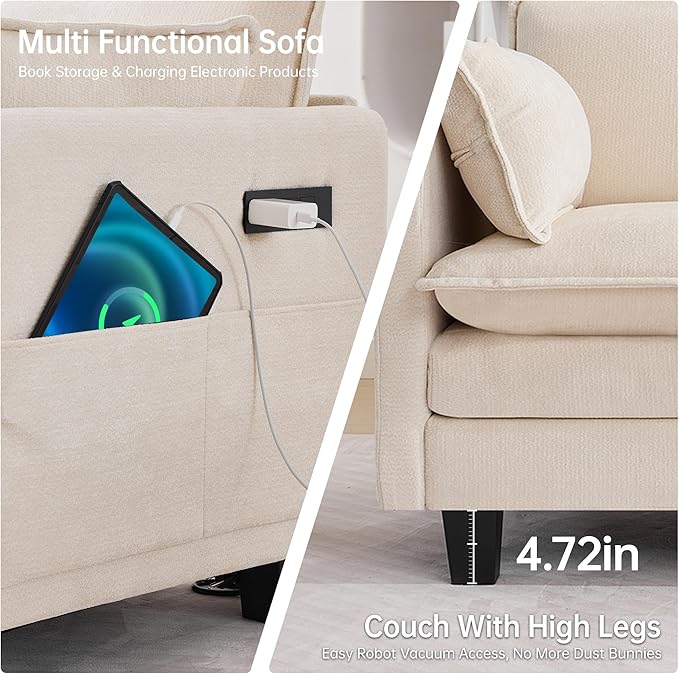 108" Modern L-Shaped Sectional Sofa with USB & Type-c Port Charger, Modular Cloud Couch, Deep Seating Chenille Fabric 4-Seater with Ottoman and Pillows for Living Room (Beige)