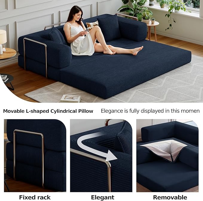 78.8''Convertible Sleeper Sofa Bed,Compressed Floor Boneless Couch,Modular Modern Corduroy Sofa for Living Room Bedroom -with Fixed-Shape Frame and Support Armrest,Easy Assembly(Dark Blue