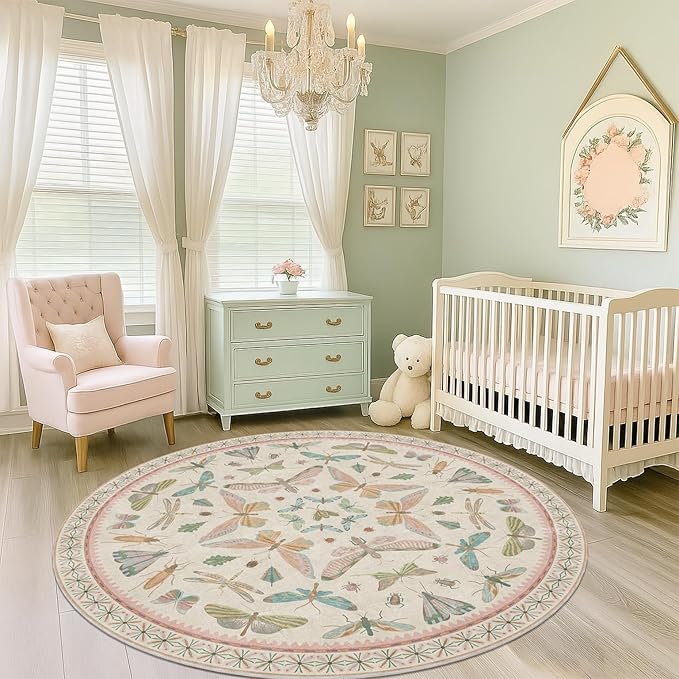 Pink Cute Butterfly 6ft Round Soft Rugs for Girls Bedroom Beside Bed - Non Skid Rug Low Pile Washable Living Room Rugs, Fun Insect Carpet for Playroom, Reading Corner, Low Pile & Soft