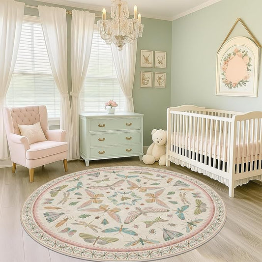 Pink Cute Butterfly 6ft Round Soft Rugs for Girls Bedroom Beside Bed - Non Skid Rug Low Pile Washable Living Room Rugs, Fun Insect Carpet for Playroom, Reading Corner, Low Pile & Soft