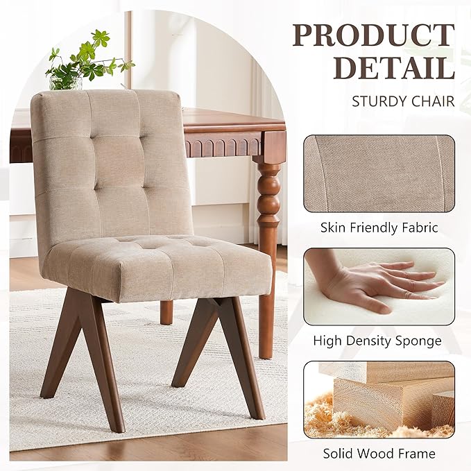 Rowill Modern Upholstered Dining Chairs Parsons Chair Linen Fabric Kitchen Chairs Tufted Armless Dining Room Chairs with Wood Legs Set of 2, Khaki