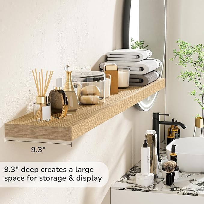 Fun Memories 55 Inch Floating Shelves - 9 Inch Deep Rustic Wooden Wall Shelves - Extra Deeper & Thicker Wall Mounted Storage Shelf for Living Room, Kitchen, Farmhouse - 55" W x 9" D x 1.8" H - Oak