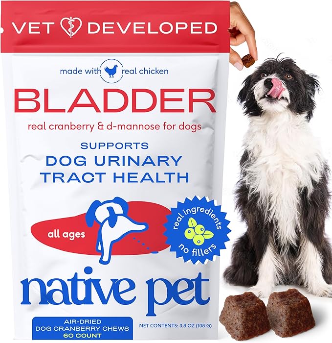 Native Pet Dog UTI Treatment - Cranberry Supplement for Dogs Bladder Control & Kidney Support - Prevent Urinary Tract Infection and Urinary Incontinence - Made with Real Cranberry Extract - 60 Chews