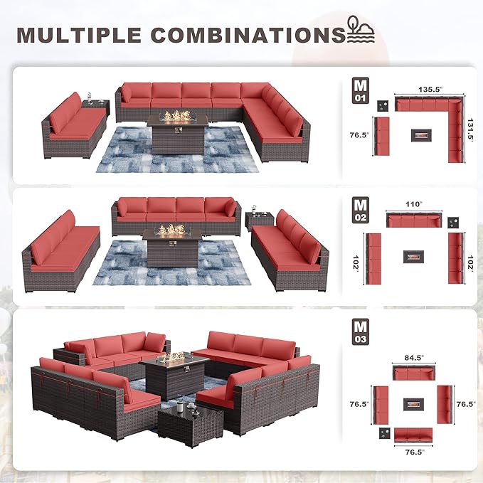 Kurapika 14 Pieces Patio Furniture Set, Rattan Wicker Outdoor Conversation Sets w/43in Propane Fire Pit Table and 4 Inch Cushion(Red)