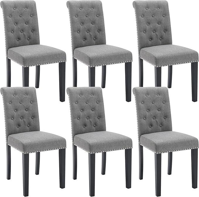 Westice Dining Room Chairs Set of 6 Upholstered Fabric Kitchen Chairs Dining Room Side Chair with Nailhead Trim and Rubber Wood Legs for Small Space Apartment, Gray
