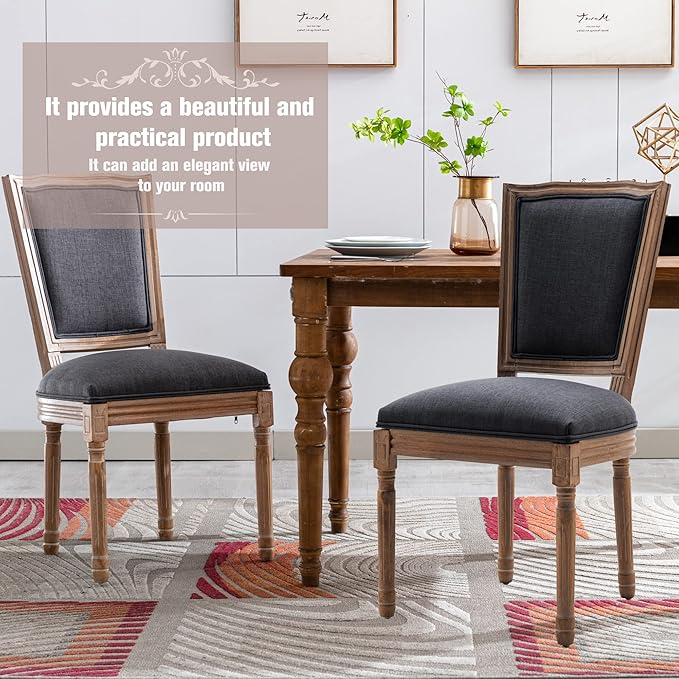 Nrizc Farmhouse Dining Chairs Set of 4, French Dining Chairs with Square Back, Brown Wood Legs, French Bistro Chairs for Dining Room/Living Room/Kitchen/Restaurant, Dark Grey