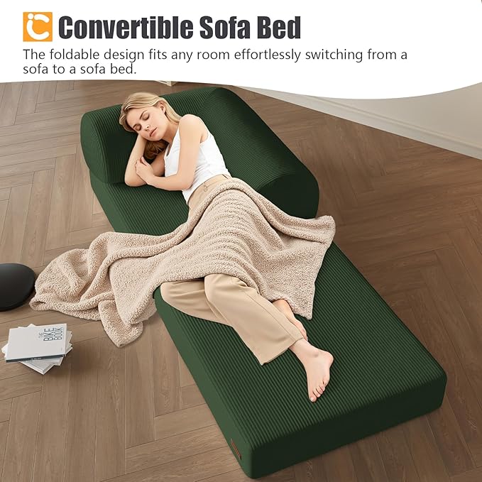 COMAX Folding Sofa Bed, Fold Out Chair Bed, Foldable Sofa, Convertible Sleeper for Adults, Futon Chair Single Small Floor Couch for Spaces, Bedroom Living Room Guest Room, Green