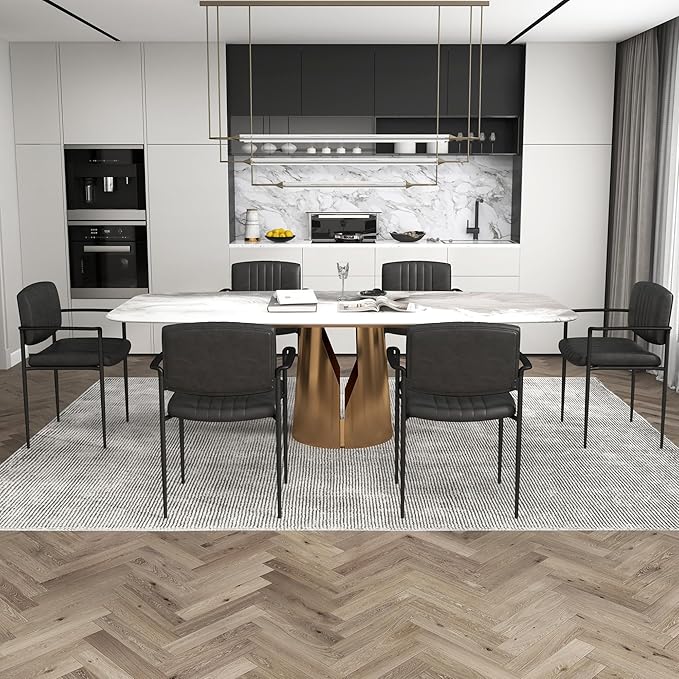 Mid-Century Modern PU Leather Dining Chairs Set of 6, Upholstered Kitchen Chairs with Arms and Metal Legs Adjustable Feet for Kitchen Dining Room(Black)