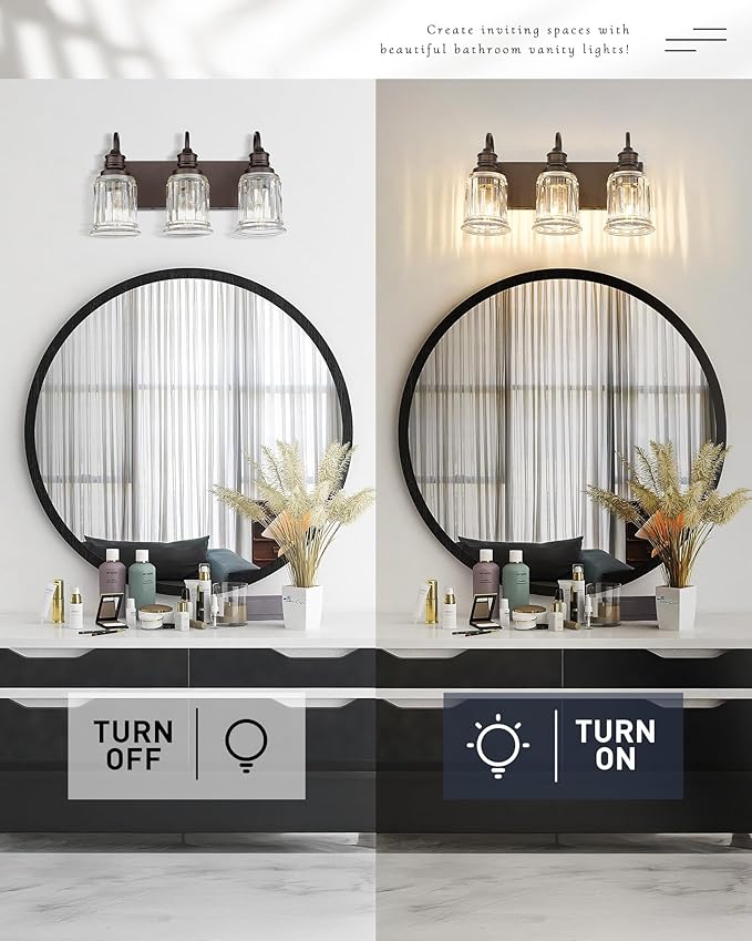 3 Light Bathroom Vanity Light - HWH Bathroom Lights Over Mirror Farmhouse Vanity Sconce Wall Lighting with Bell-Shaped Clear Glass, Oil-Rubbed Bronze Finish, 5HZG106B-3W ORB