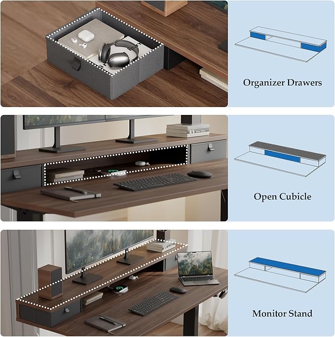 Klicelor 48 Inch Electric Standing Desk with Drawers, Adjustable Height Small Sit Stand Desk for Home Office, Compact Computer Workstation with Storage– Dark Walnut