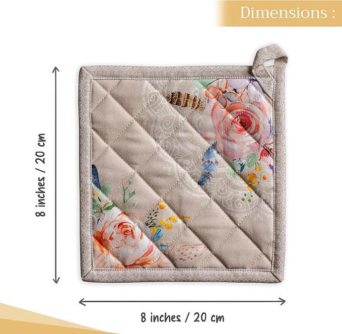 Maison d' Hermine Pot Holders 100% Cotton Heat Resistant Potholders 8" x 8" Hot Pads with Loop BBQ, Cooking, Baking, Grilling, Kitchen, Handling Hot Pans Spring/Summer (Pack of 1, Ibiza - Beige)