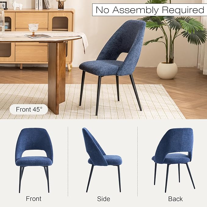 Rowill Boucle Dining Chairs Set of 6, Morden Upholstered Dining Room Kitchen Chairs with Metal Legs for Living Room, Bedroom, Restaurant, Blue