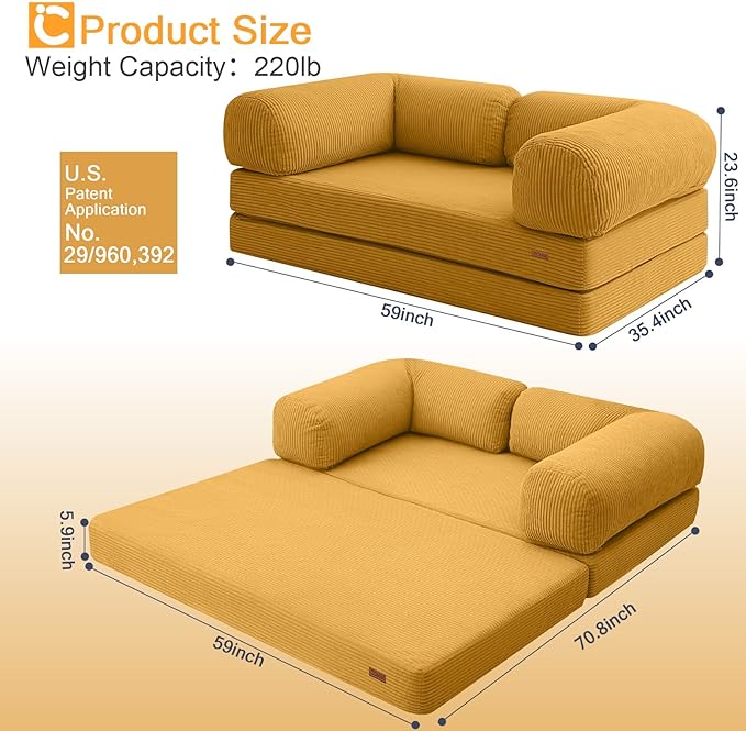 COMAX Folding Sofa Bed, 4-in-1 Convertible Foldable Floor Couch Futon Sofa with Armrests, Sleeper Mattress Fold Out Chair Bed Comfy Portable Lounge Guest for Living Room Bedroom, Yellow