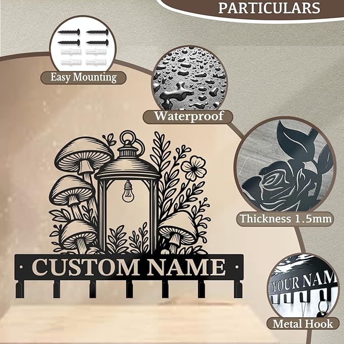 Customized Keys Holder - Personalized Mushroom Wonderland Key Hooks Wall Metal Sign Decor,Wall Holder,Door Hook (Style I)