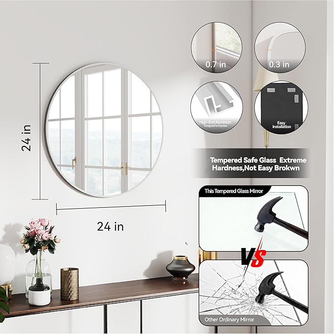 24" Round Mirror Circle Wall Mounted Hanging or Against Wall Aluminum Alloy Metal Frame Dressing Make-up Mirrors for Entryway Bedroom Bathroom Living Room 24 inch Silver