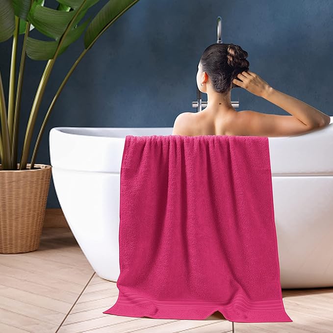 BOUTIQUO 100% Cotton 2 Pack Bath Towel Set 28x55, Eco-Friendly Large Bath Towels, Compact Quickdry Lightweight Soft & Highly Absorbent Bath Towel, Ideal for Everyday Gym Travel Camp Pool - Hot Pink