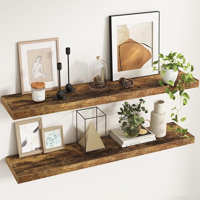 Fun Memories 48Inch Floating Shelves, 9.3Inch Deep Rustic Wall Shelves - Extra Deeper & Thicker Wall Mounted Storage Shelf for Kitchen, Farmhouse - Set of 2 - Rustic Brown