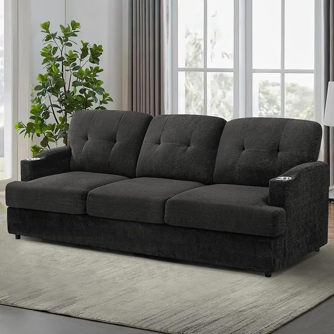 89" Chenille 3 Seats Sofa with Built-in Cup Holder, Tufted Modern Couch with Thickened Seat Cushions, Soft Upholstered Sofa with Deep Seating Space for Living Room, Apartment, Dark Grey