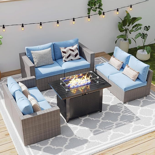 Wisteria Lane Patio Furniture Set for All Wheather, 7 Pieces Wicker Outdoor Furniture Set with Washable Cushions & Fire Pit Table, Oversized Outdoor Sectional for Garden, Poolside, Backyard, Blue