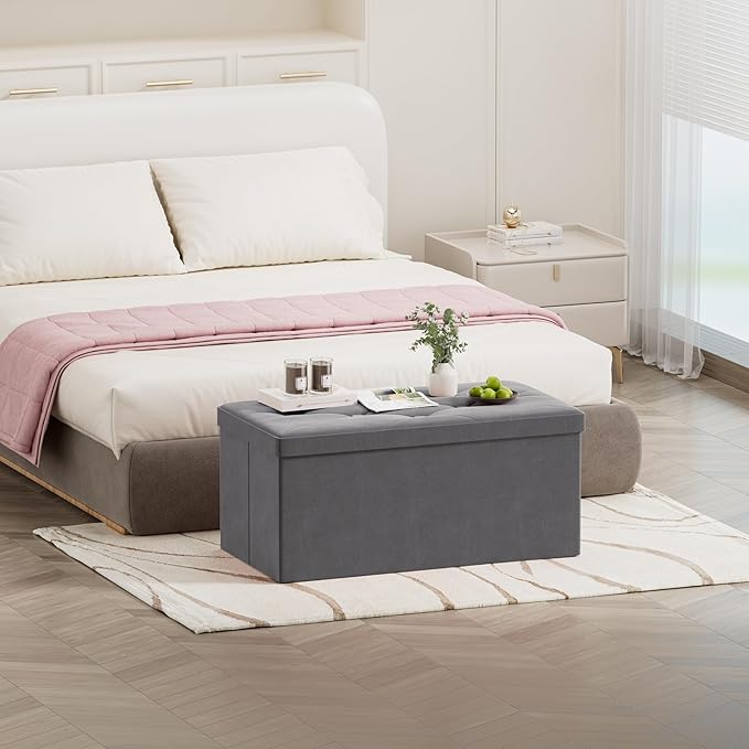 BRIAN & DANY Folding Storage Ottoman Bench, Ottoman with Storage, Foot Rest, Benches Seat for Bedroom, Living Room, Entryway, Long Shoes Bench, 15.7" x 31.5" x 15.7" Gray